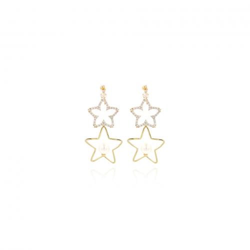 Cubic Zirconia Micro Pave Brass Earring with Plastic Pearl Star 18K gold plated fashion jewelry & micro pave cubic zirconia & for woman & hollow nickel lead & cadmium free Sold By Pair
