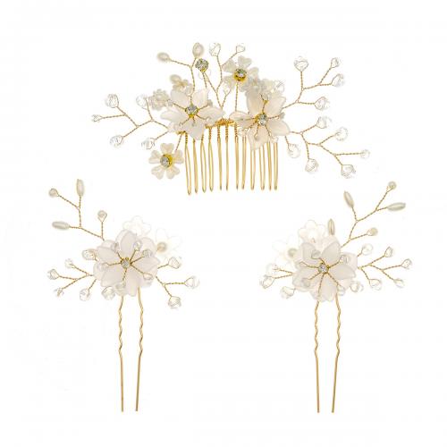 Mixed Hair Accessories Brass hair comb & hair stick with Plastic Pearl Flower gold color plated three pieces & for woman & with rhinestone nickel lead & cadmium free Sold By Set