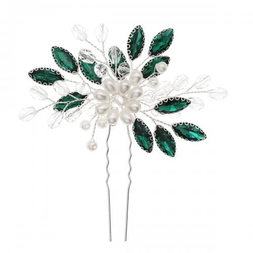 Hair Stick Brass with Plastic Pearl Flower silver color plated for woman & with rhinestone green nickel lead & cadmium free Sold By PC