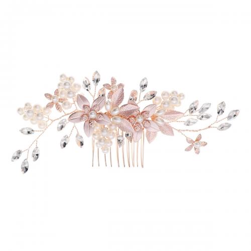 Decorative Hair Combs Zinc Alloy with Plastic Pearl Flower plated for woman & with rhinestone nickel lead & cadmium free Sold By PC