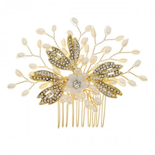 Decorative Hair Combs Zinc Alloy Flower gold color plated for woman & with rhinestone nickel lead & cadmium free Sold By PC
