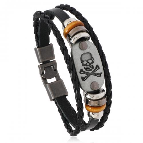 Leather Cord Bracelet Zinc Alloy with Split Layer Cowhide Leather & PU Leather Cord & Copper Coated Plastic handmade three layers & fashion jewelry & for man black nickel lead & cadmium free .9 Inch Length Approx 7.8 Inch Sold By PC