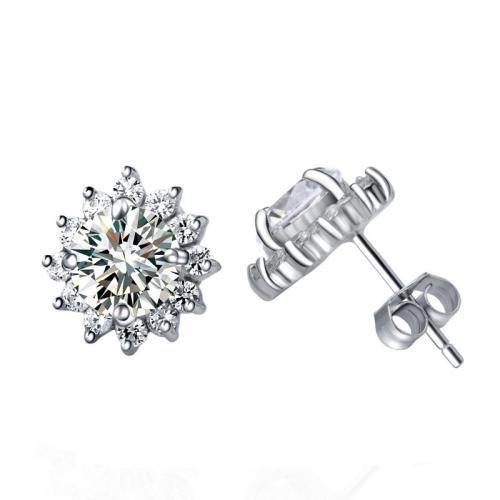 Cubic Zirconia Micro Pave Brass Earring plated micro pave cubic zirconia & for woman silver color 9mm Sold By Pair