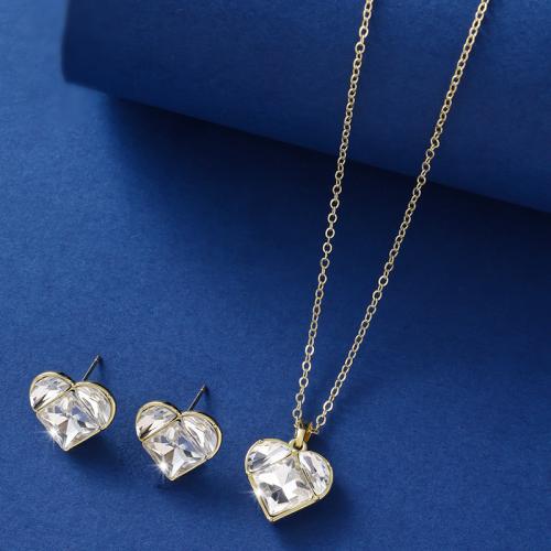 Brass Jewelry Set Stud Earring & necklace with 5cm extender chain Heart plated 2 pieces & micro pave cubic zirconia & for woman nickel lead & cadmium free Length Approx 39 cm Sold By Set