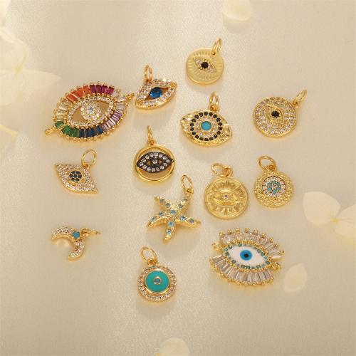 Evil Eye Pendants Brass with Cubic Zirconia gold color plated DIY & enamel & 1/1 loop Sold By PC