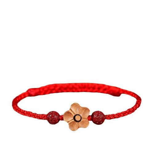 Cotton Cord Bracelet with Peach Wood & Cinnabar Flower handmade folk style & Unisex & braided Length Approx 6-8 Inch Sold By PC