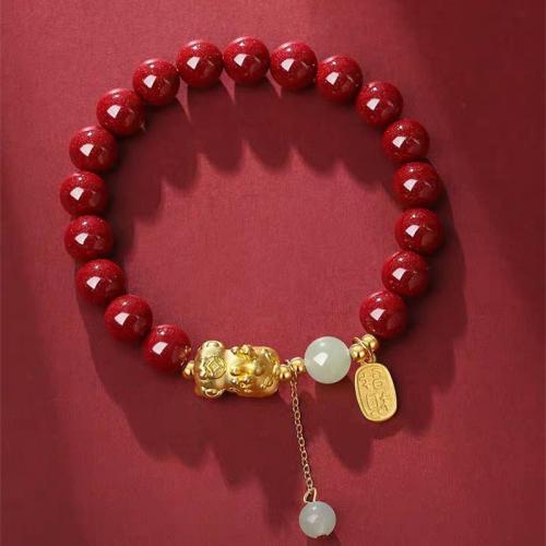 Cinnabar Bracelet with 925 Sterling Silver & Hetian Jade Fabulous Wild Beast gold color plated folk style & for woman Length Approx 6 Inch Sold By PC