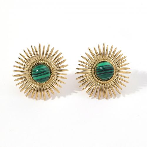 Stainless Steel Stud Earrings 304 Stainless Steel with Malachite 18K gold plated fashion jewelry & for woman golden Sold By Pair