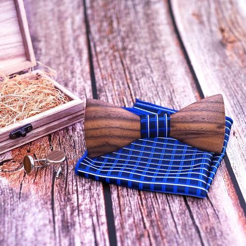 Bow Tie Walnut wood Square Scarf & Bow Ties & cufflink with Polyester & 304 Stainless Steel three pieces & for man nickel lead & cadmium free Bow 120mm x 50mm x4.5mmuff0 13.6cm x8.5cm x3.4cm Sold By Set