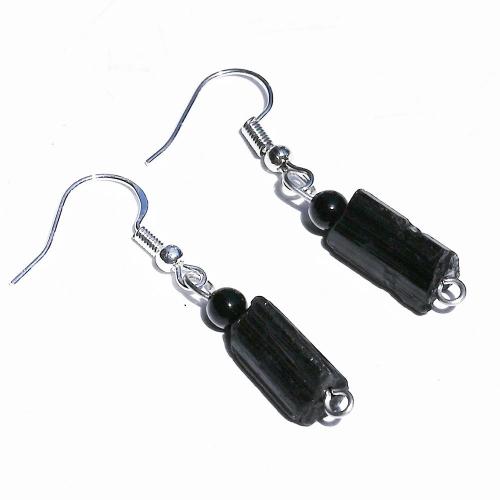 Natural Gemstone Earrings Schorl with Zinc Alloy silver color plated for woman black 50mm Sold By Pair