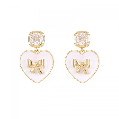 Cubic Zirconia Micro Pave Brass Earring Heart plated fashion jewelry & micro pave cubic zirconia & for woman & enamel nickel lead & cadmium free Sold By Pair
