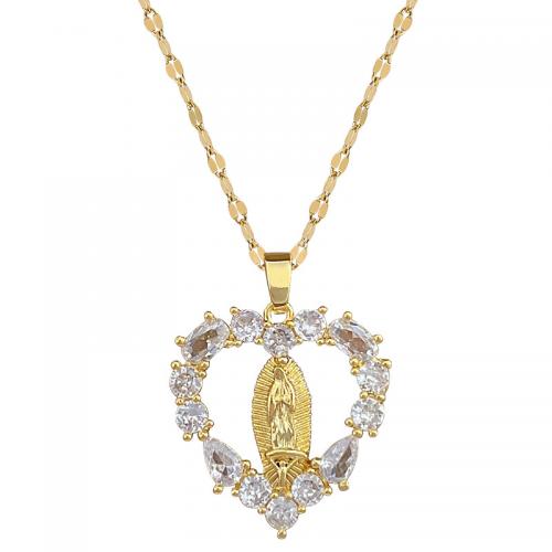 Titanium Steel Necklace with Brass with 2inch extender chain Virgin Mary gold color plated for woman & with rhinestone & hollow Length Approx 15.7 Inch Sold By PC