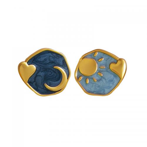 asymmetrische oorbellen, Messing, echt goud verguld, mode sieraden & voor vrouw & glazuur, blauw, nikkel, lood en cadmium vrij, 15x17mm, Verkocht door pair