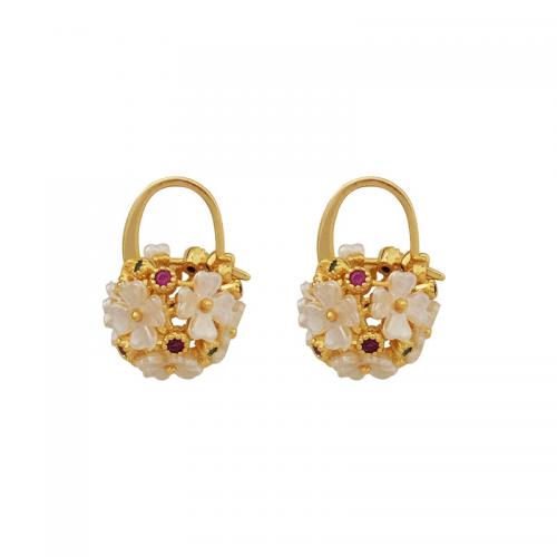 Cubic Zirconia Micro Pave Brass Earring with Resin Flower Basket real gold plated fashion jewelry & micro pave cubic zirconia & for woman white nickel lead & cadmium free Sold By Pair