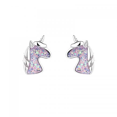 925 Sterling Silver Stud Earrings with Resin Unicorn plated for woman Sold By Pair