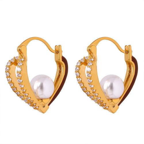 Cubic Zirconia Micro Pave Brass Earring with Shell Pearl Heart plated micro pave cubic zirconia & for woman & enamel Sold By PC