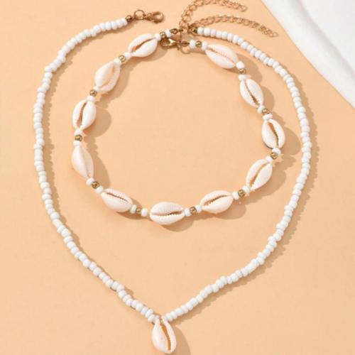 Glass Seed Beads Necklace Seedbead with Shell & Zinc Alloy handmade 2 pieces & fashion jewelry & for woman white Sold By Set