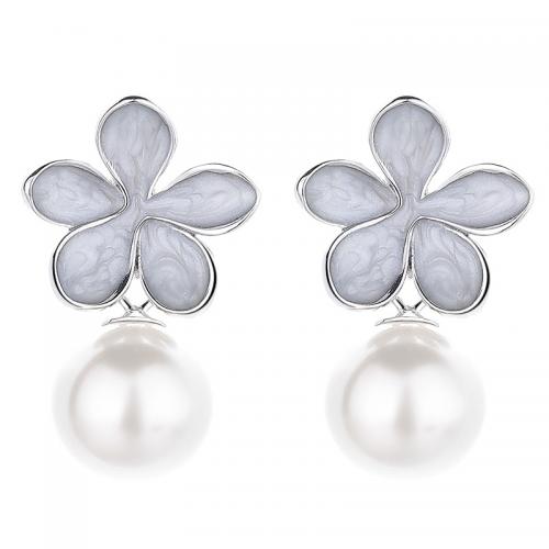 925 Sterling Silver Stud Earrings with Plastic Pearl plated for woman & enamel Sold By Pair