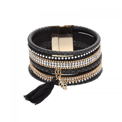 PU Leather Cord Bracelets with Brass multilayer & micro pave cubic zirconia & for woman black 35mm Length Approx 19.5 cm Sold By PC