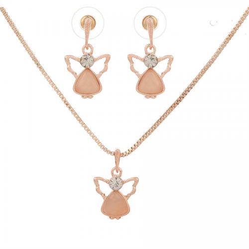 Zinc Alloy Jewelry Sets earring & necklace with Cats Eye with 5cm extender chain 2 pieces & for woman & with rhinestone nickel lead & cadmium free Length Approx 40 cm Sold By Set