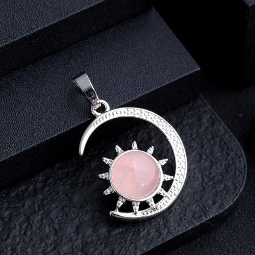 Gemstone Pendants Jewelry Natural Stone with Zinc Alloy Moon silver color plated DIY Sold By PC