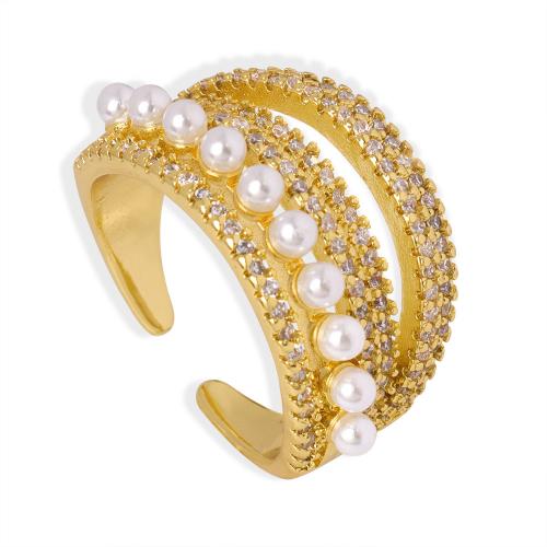 Kubieke Circonia Micro Pave Brass Ring, Messing, met Plastic Pearl, plated, micro pave zirconia & voor vrouw, gouden, Maat:7, Verkocht door PC