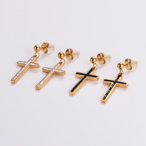 Stainless Steel Drop Earring 316L Stainless Steel Cross fashion jewelry & for woman & with rhinestone golden Sold By Pair