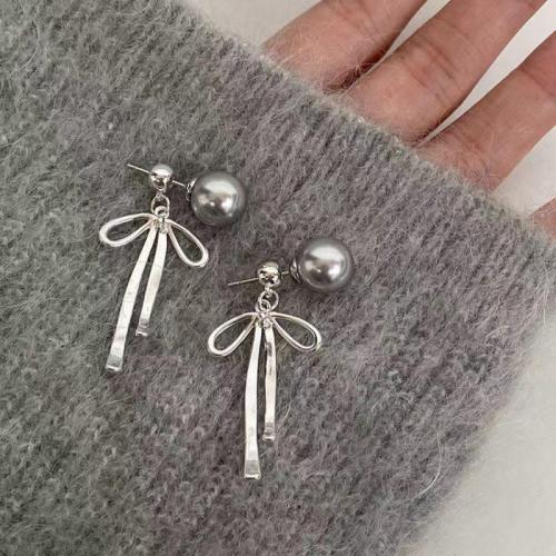Zinc Alloy Drop Earring with Plastic Pearl Bowknot silver color plated fashion jewelry & for woman 40mm Sold By Pair