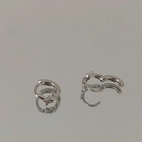 Brass Huggie Hoop Earring silver color plated for woman & with rhinestone 20mm Sold By Pair