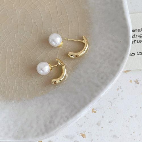 Zinc Alloy Split Earring with Plastic Pearl gold color plated fashion jewelry & for woman Sold By Pair