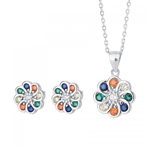 925 Sterling Silver Jewelry Sets, Stud Earring & necklace, with 1.18inch extender chain, Flower, fashion jewelry & micro pave cubic zirconia & for woman, nickel, lead & cadmium free, Length:Approx 16.53 Inch, Sold By Set