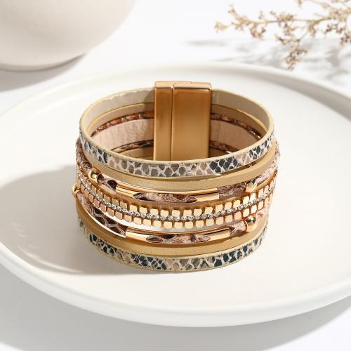 PU Leather Cord Bracelets with Magnet multilayer & for woman & with rhinestone khaki 35mm Length Approx 19.5 cm Sold By PC