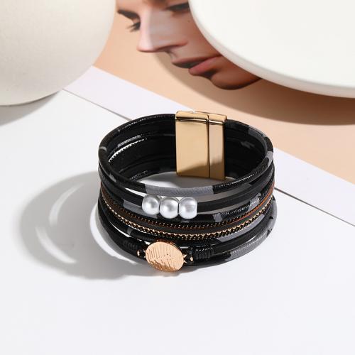 PU Leather Cord Bracelets with Magnet & Plastic Pearl fashion jewelry & multilayer & Unisex Length Approx 19.5 cm Sold By PC