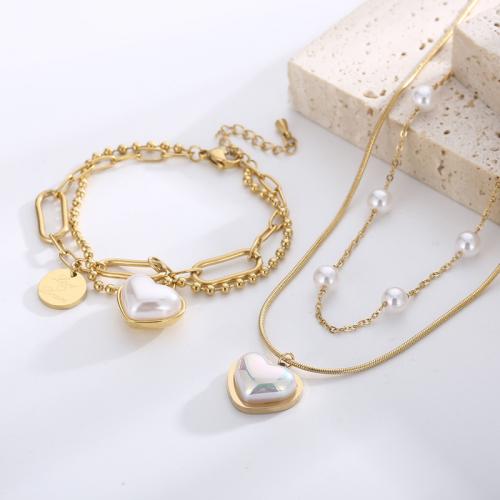 Fashion Stainless Steel Jewelry Sets 304 Stainless Steel with Plastic Pearl Heart Double Layer & for woman golden Sold By PC