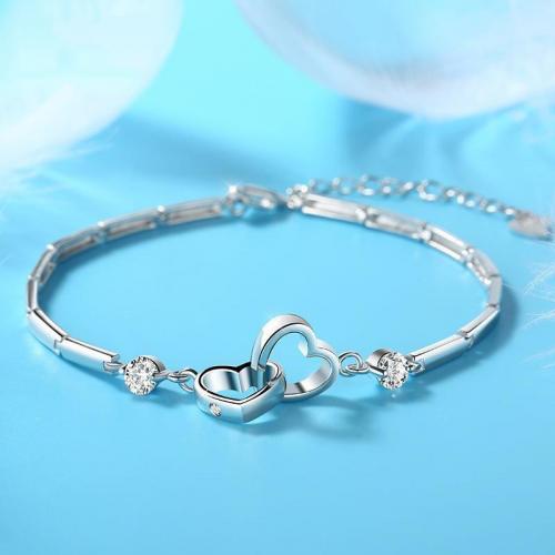 laiton bracelet, avec 1.2inch chaînes de rallonge, coeur, Plaqué de platine, pour femme & avec strass & creux, Longueur Environ 6.3 pouce, Vendu par PC