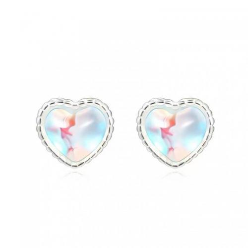 925 Sterling Silver Stud Earrings with Moonstone Heart fashion jewelry & for woman nickel lead & cadmium free Sold By Pair