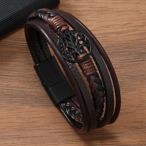 PU Leather Cord Bracelets with Zinc Alloy Tree plumbum black color plated vintage & for man Length 21.5 cm Sold By PC