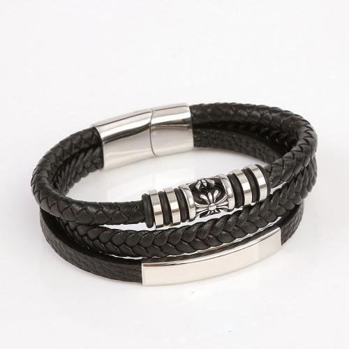 PU leder koord armbanden, met 304 roestvrij staal, Vintage & voor de mens, zwart, Lengte 21.5 cm, Verkocht door PC