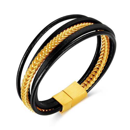 PU Leather Cord Bracelets with 304 Stainless Steel Vacuum Ion Plating vintage & for man 11mm Length 21.5 cm Sold By PC