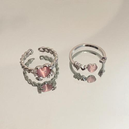 Zinc Alloy Manchet Finger Ring, met Cats Eye, Hart, silver plated, verschillende stijlen voor de keuze & micro pave zirconia & voor vrouw, Maat:6-8, Verkocht door PC