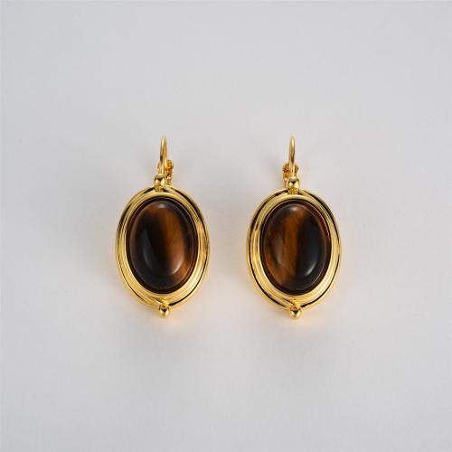 Brass Leverback Earring with Tiger Eye 18K gold plated fashion jewelry & for woman nickel lead & cadmium free Sold By Pair
