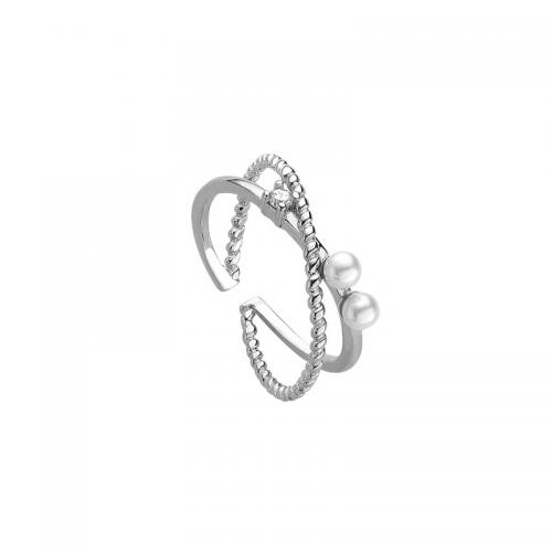 925 Sterling Silver Finger Rings with Plastic Pearl polished for woman platinum color Sold By PC
