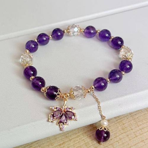 Amethyst Bracelet with Freshwater Pearl & Crystal & Zinc Alloy Maple Leaf Korean style & for woman Length Approx 6-8 Inch Sold By PC