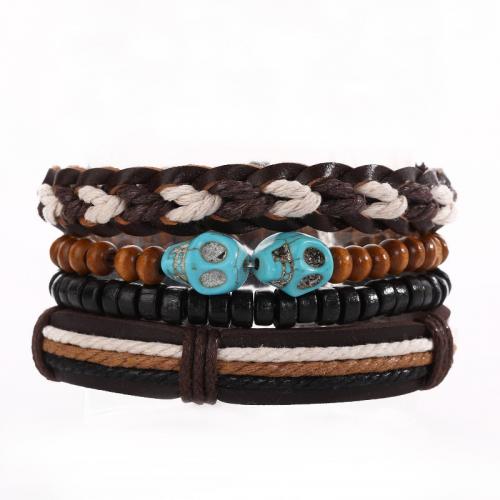 PU Leather Cord Bracelets Faux Leather with PU Leather & Wood & Zinc Alloy handmade 4 pieces & fashion jewelry & for man Internal 60mm. Approx 1.5-2.5mm Sold By Set
