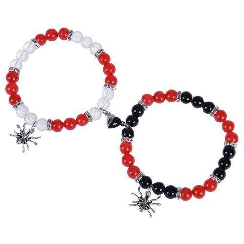 Crystal Couple Bracelet with Obsidian & Zinc Alloy Spider 2 pieces & with magnetic & for couple Length Approx 6.6-8.5 Inch Sold By Set