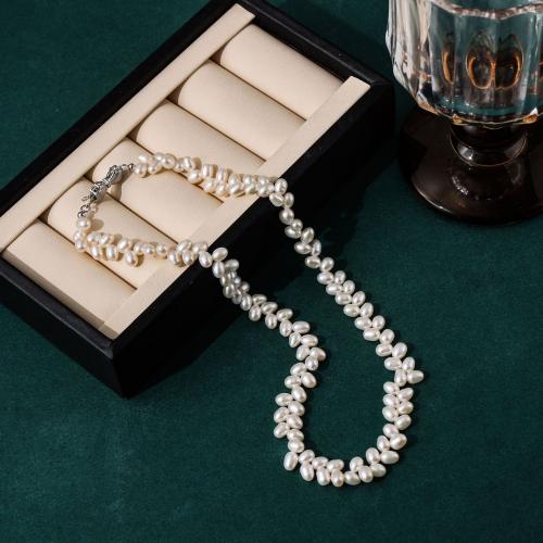 Sladkovodní Pearl mosaz řetěz náhrdelník, s Mosaz, Rýže, barva stříbrná á, módní šperky & pro ženy, bílý, Length about 4-5mm, Délka Cca 40 cm, Prodáno By PC