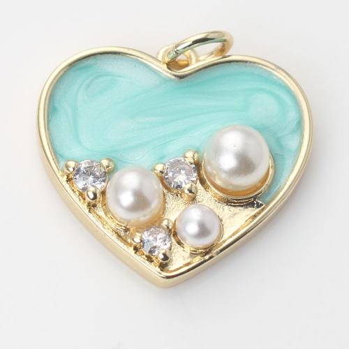 Cubic Zirconia Micro Pave Brass Pendant with Plastic Pearl Heart gold color plated DIY & micro pave cubic zirconia & enamel light blue nickel lead & cadmium free Sold By PC