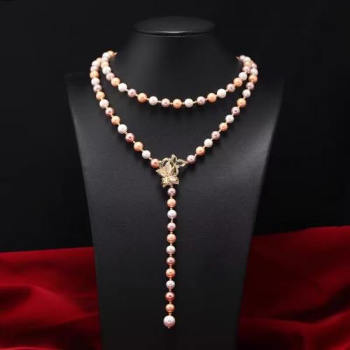 Freshwater Pearl Sweater Chain Necklace with Zinc Alloy Butterfly gold color plated fashion jewelry & for woman mixed colors 8mm Length Approx 80 cm Sold By PC