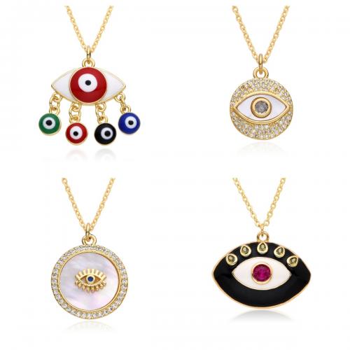 Evil Eye Jewelry Necklace Brass with Shell gold color plated fashion jewelry & micro pave cubic zirconia & for woman & enamel nickel lead & cadmium free Length Approx 41-50 cm Sold By PC