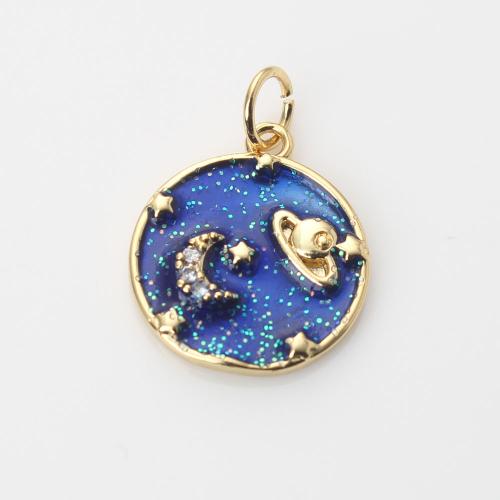 Cubic Zirconia Micro Pave Brass Pendant Round gold color plated DIY & micro pave cubic zirconia & enamel blue nickel lead & cadmium free Sold By PC